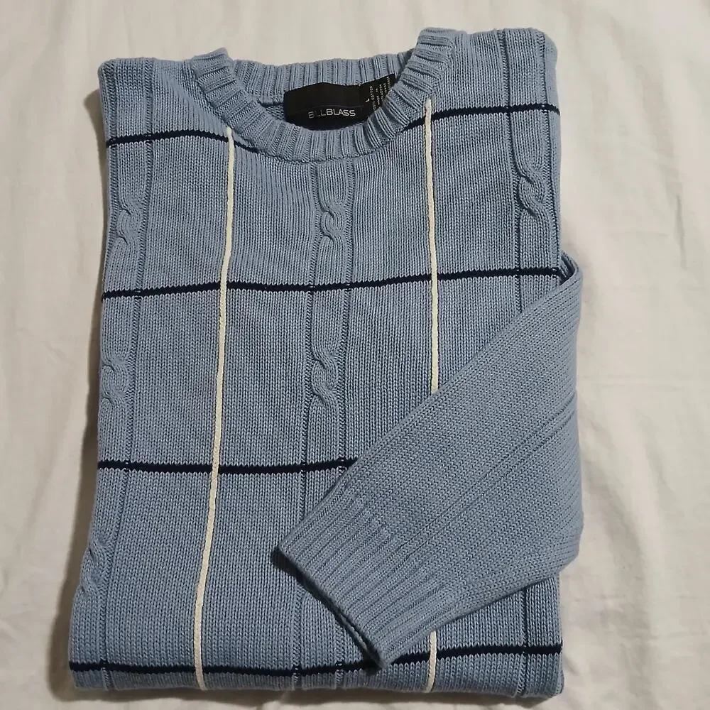 VTG Bill Blass Men's L 100% Cotton Lt Blue Cable-Knit Windowpane Plaid Sweater
